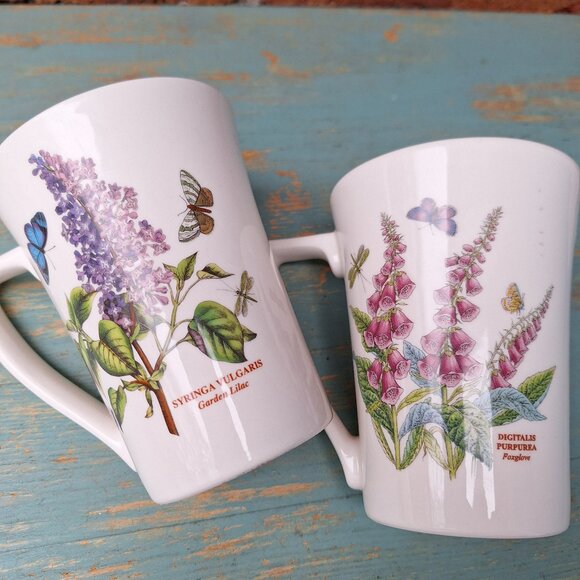 Butterfly Garden Mugs Lilac Blue Purple Dragonfly Foxglove Matching Pair Set 2 - Picture 3 of 17